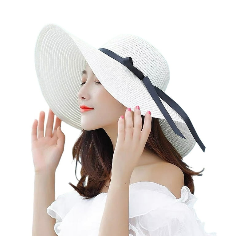 Women Summer Casual Big Wide Brim Beach Sun Hat Foldable Cap,White