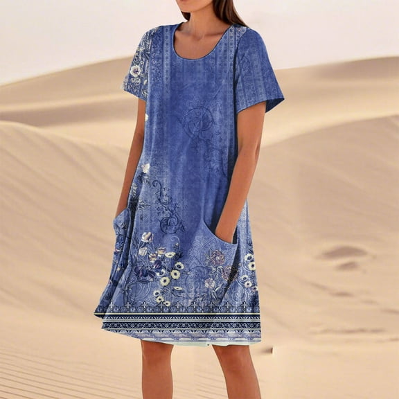 SAATLERI Plus Size Summer Dresses for Women 2025 Floral Crewneck Sundress Women's Vacation Outfits Short Sleeve Beach Dress with Pockets