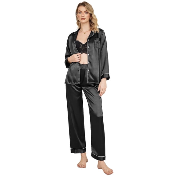 Ekouaer Women's Classic Button Down Long Satin Silk Pajama Set