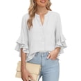 thumbnail image 6 of Xdegoge Linen Button Down Shirts for Women V Neck Three Quarter Ruffle Sleeve Elegant Workwear Going Out Relaxed Fit Solid Plain Design Flowy Stretchy Spring Tops, 6 of 7