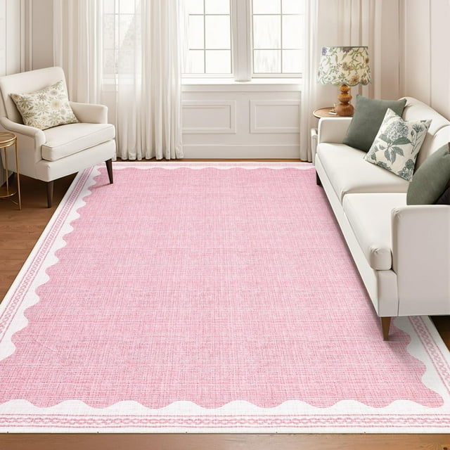 Scalloped Edge Indoor Area Rug Machine Washable Carpet Boho Area Rug Low Pile Decor Pet Friendly Carpet for Living Room, Home Office, Nursery