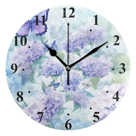Butterfly Flowers Hydrangea Black 10 inch Wall Clocks Non Ticking Easy to Read Battery Decorative for Home Bathroom Kitchen Bedroom Living Room