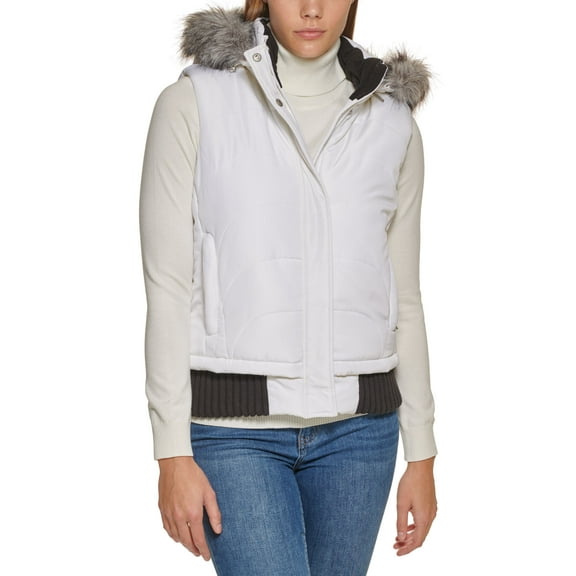 Calvin Klein Furry Trimmed Hooded Puffer Vest White XS