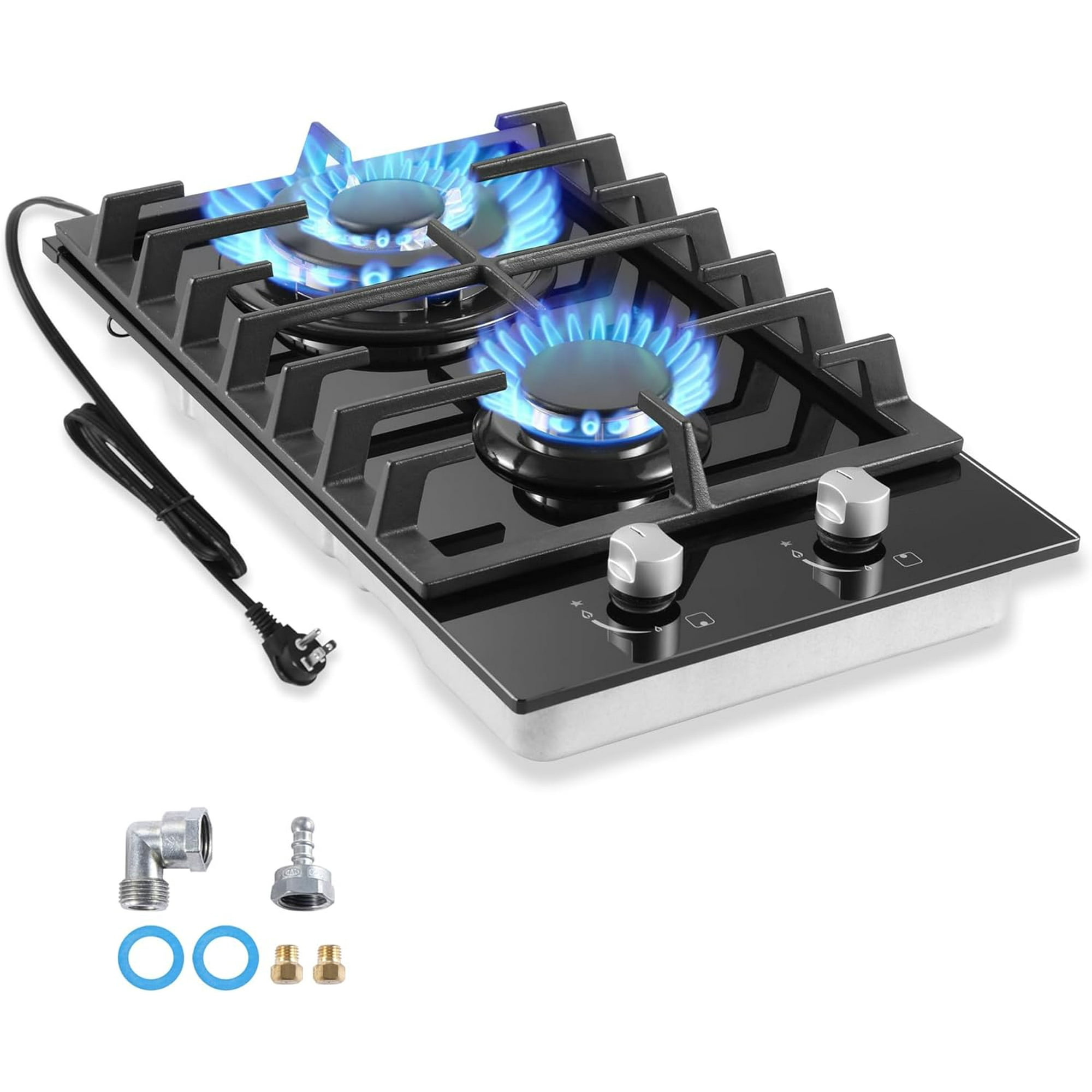 Gas Cooktop 2 Burner Propane Cooktop, 12 Inch Gas Stove Top with Thermocouple Protection, LPG/NG Dual Fuel Built-in Tempered Glass Gas Stove for Apartment, Indoor, RV