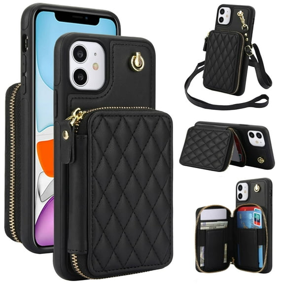 Crossbody Wallet Case for iPhone 11, RFID Blocking Zipper Handbag Purse Flip Cover, Kickstand Folio Case Card Slots Holder Wrist Strap Lanyard