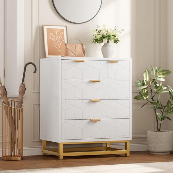 White 5 Drawer Dresser for Bedroom, Chest of Drawers with Metal Base, Modern Dresser Chest Cabinet Organizer for Living Room, Hallway, Closet