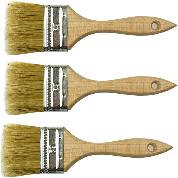 3Pack Chip Paint Brush Natural Bristles Wooden Handle Flat Brushes Set