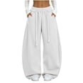 thumbnail image 3 of High Waist Sweatpants for Women,Wide Leg Elastic Drawstring,with Pockets,Solid Color Casual Baggy Pants for Daily Wear, 3 of 7