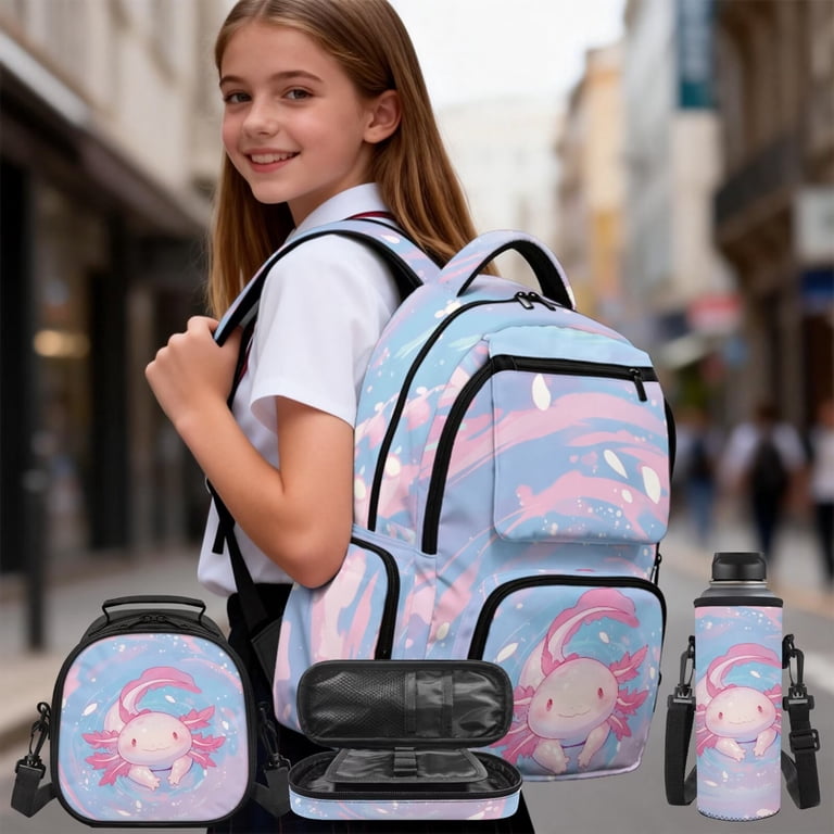 HUIACONG 4PCS Pastel Swirl Axolotl Backpack Set for Girls, 17 HUIACONG 4PCS Pastel Swirl Axolotl Backpack Set for Girls, 17