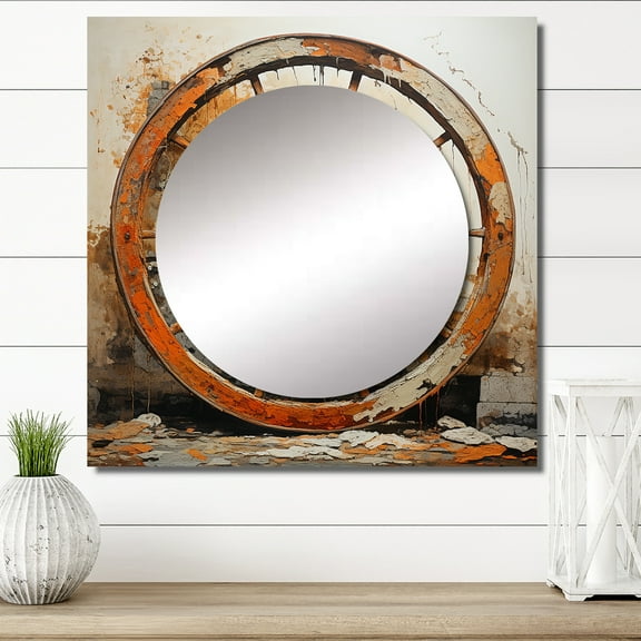 Designart "Wheels of Time The Old Cart in Orange III" Transportation Square Mirror For Wall Decor - Large Orange Square Mirror Printed Wall Decor - Modern Square Living Room Mirror