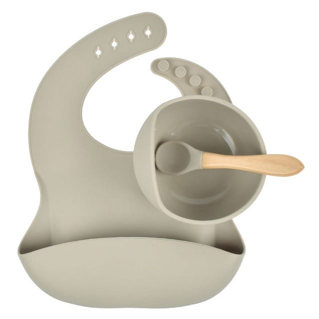 Vajilla infantil de silicona para la cena del bebé, babero de silicona, cuenco complementario, tenedor y cuchara, juego de vajilla de tres piezas para alimentos complementarios para bebés