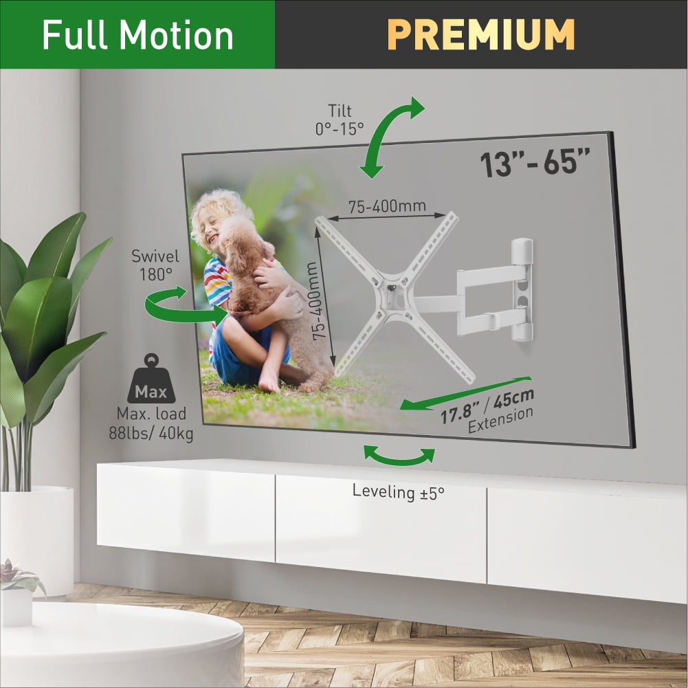 Barkan White TV Wall Mount, 13 - 65 inch Full Motion Patented Flat / Curved Screen Bracket, Holds up to 88lbs, Patented, Fits LED OLED LCD
