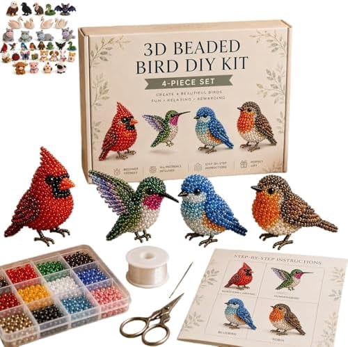 GliJian DIY Animal Beading Kit, Easy DIY Beading Embroidery Kit with 4 Cute Designs, 3D Animal Beadwork Kit for Beginners & Craft Enthusiasts