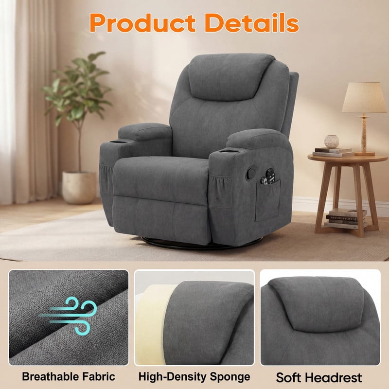 Vineego Massage Swivel Rocker Recliner with PU Leather Fabric Small Spaces Lounge Chair with Two Cup Holder for Bed Room,Linen Gray