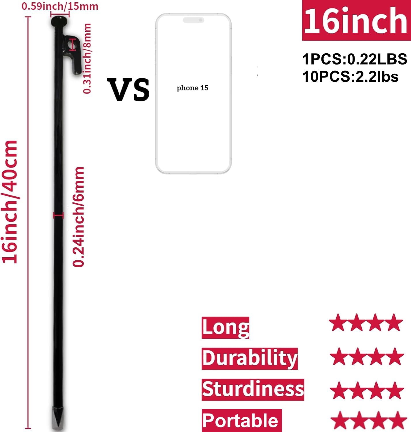 (10pcs) DANCHEL Outdoor 16-inch Extended Steel Tent Stakes, 0.24in/6mm Diameter Thick Rust-proof Steel Tent Pegs Suitable for Tents, Beach Awnings, etc.