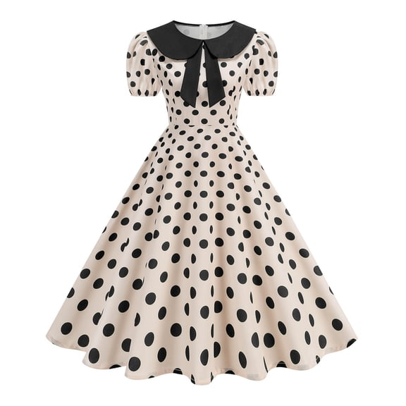 Blmnix Fit & Flare Dresses for Women 2026 Polka Dot Dress Vintage Dress Prom Dresses Dress Black Short Sleeve Cocktail-Length Collared Women's Casual Dresses M