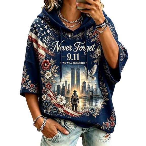 Women's 9/11 25th Anniversary Hoodies Flag Printed Vintage Never Forget 911 Sweatshirt American Flag Patriotic Pullover