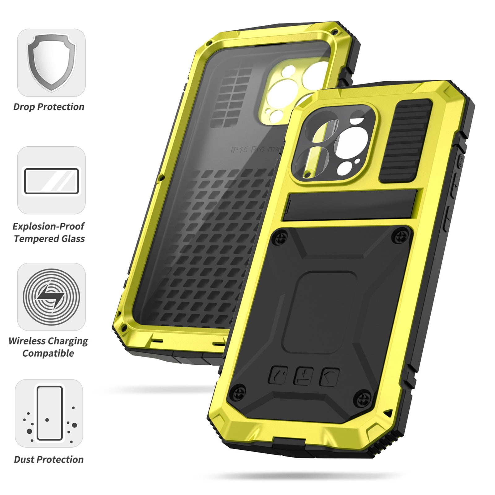 Dteck for iPhone 15 Pro Case,Outdoor Sports Military Heavy Duty Metal Cover Shockproof Dustproof Full Body Case with Built in Tempered Glass Screen Protector Hybrid Kickstand Cover,Yellow