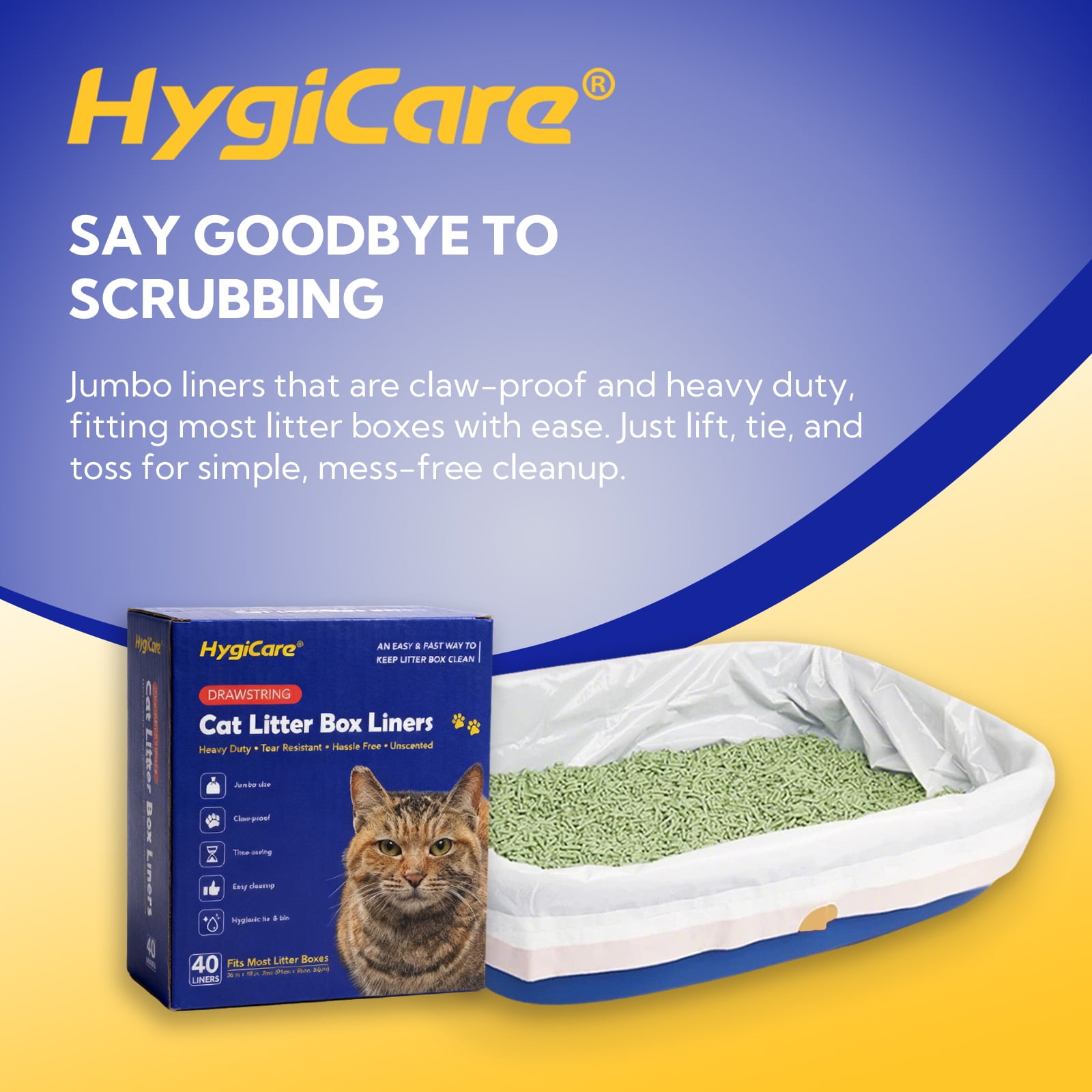 HygiCare Cat Litter Box Liners, 40ct, Jumbo Size, 36"x18", Heavy Duty, Tear Resistant, Claw-Proof