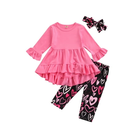 

Gwiyeopda Baby Kid Girls Clothes Set Toddlers Long Sleeve Ruffled Dress Tops Loving Print Pants with Headband