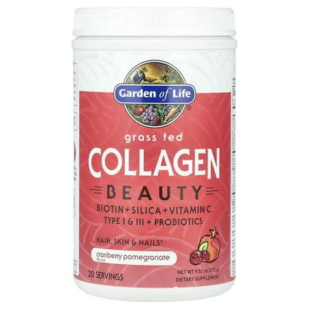 Garden of Life Grass Fed Collagen Beauty, 11g Collagen with Biotin & Silica, Cranberry Pomegranate Powder