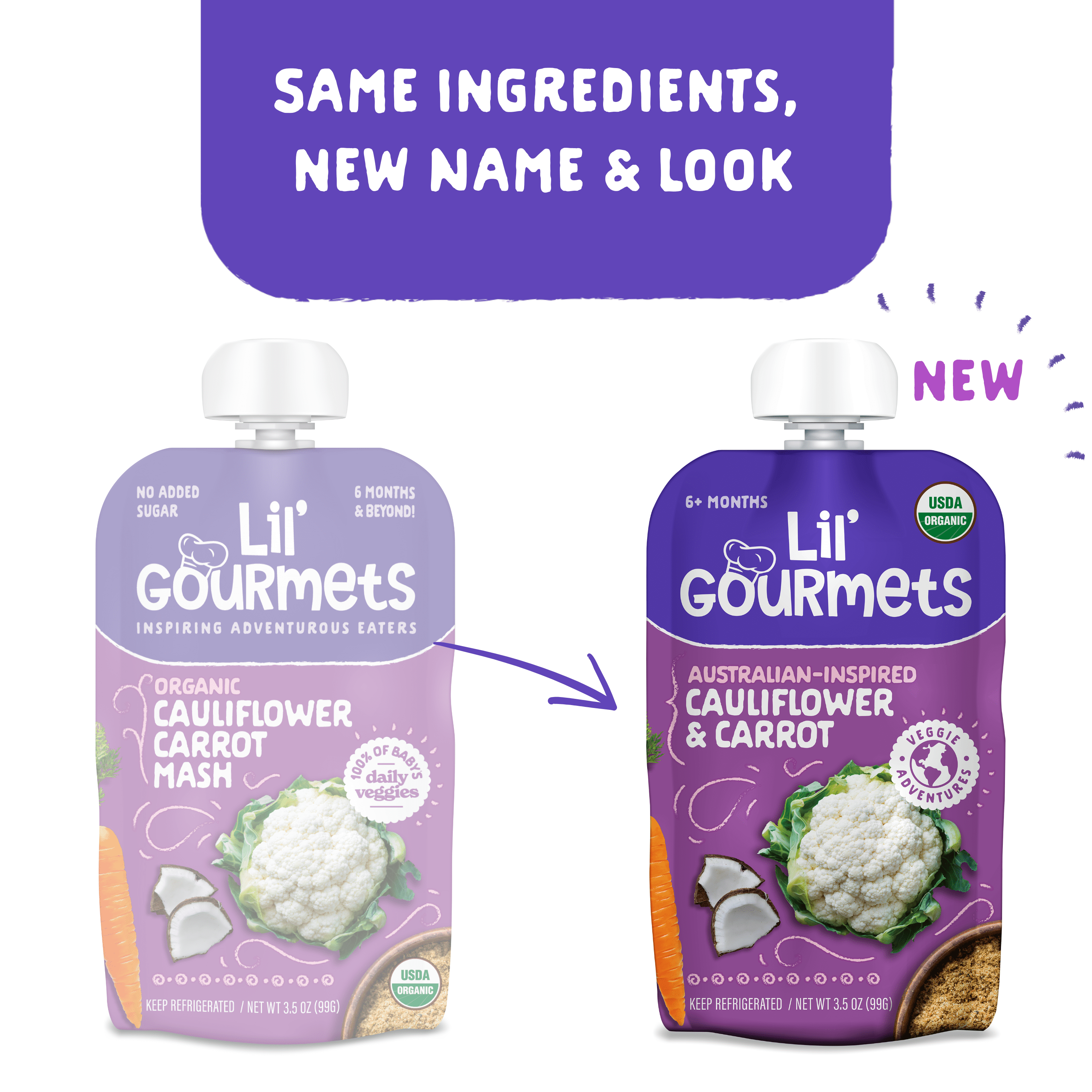 (6 pack) Lil' Gourmets Refrigerated Stage 2 Baby Food , Australian-Inspired Cauliflower & Carrot,  3.5 oz Pouch