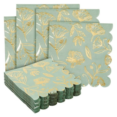 50 Pack Green Floral Paper Napkins for Wedding Reception, Party Decorations with Scalloped Edges and Gold Foil, 3-Ply, 5 x 5 in