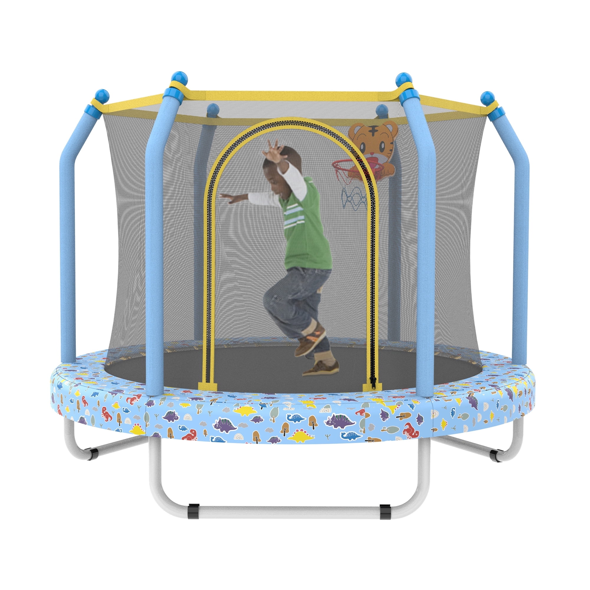 ZIVACATE 55 Inch Outdoor Toddler Trampoline with Enclosure Net, Mini Round Trampoline for Kids with Basketball, Small Trampoline Gifts for Boy and Girls,Blue