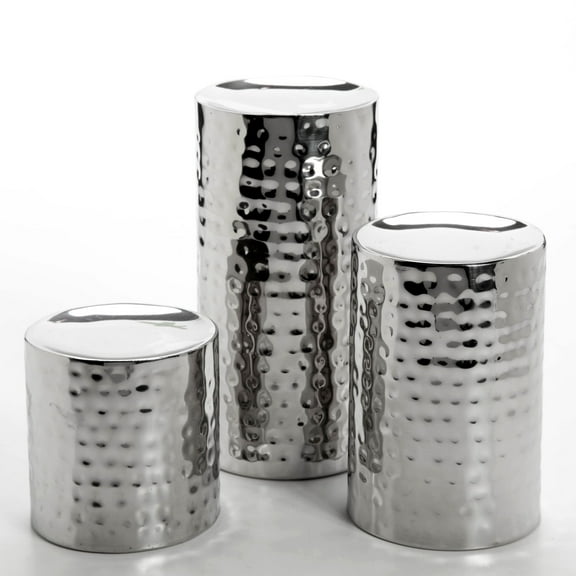 Hosley Silver Color Pillar LED Candle Holders/Vases Set of 3. Also usable as Vase. Ideal Gift for Wedding Party Home SPA Aromatherapy Reiki Candle Garden O3