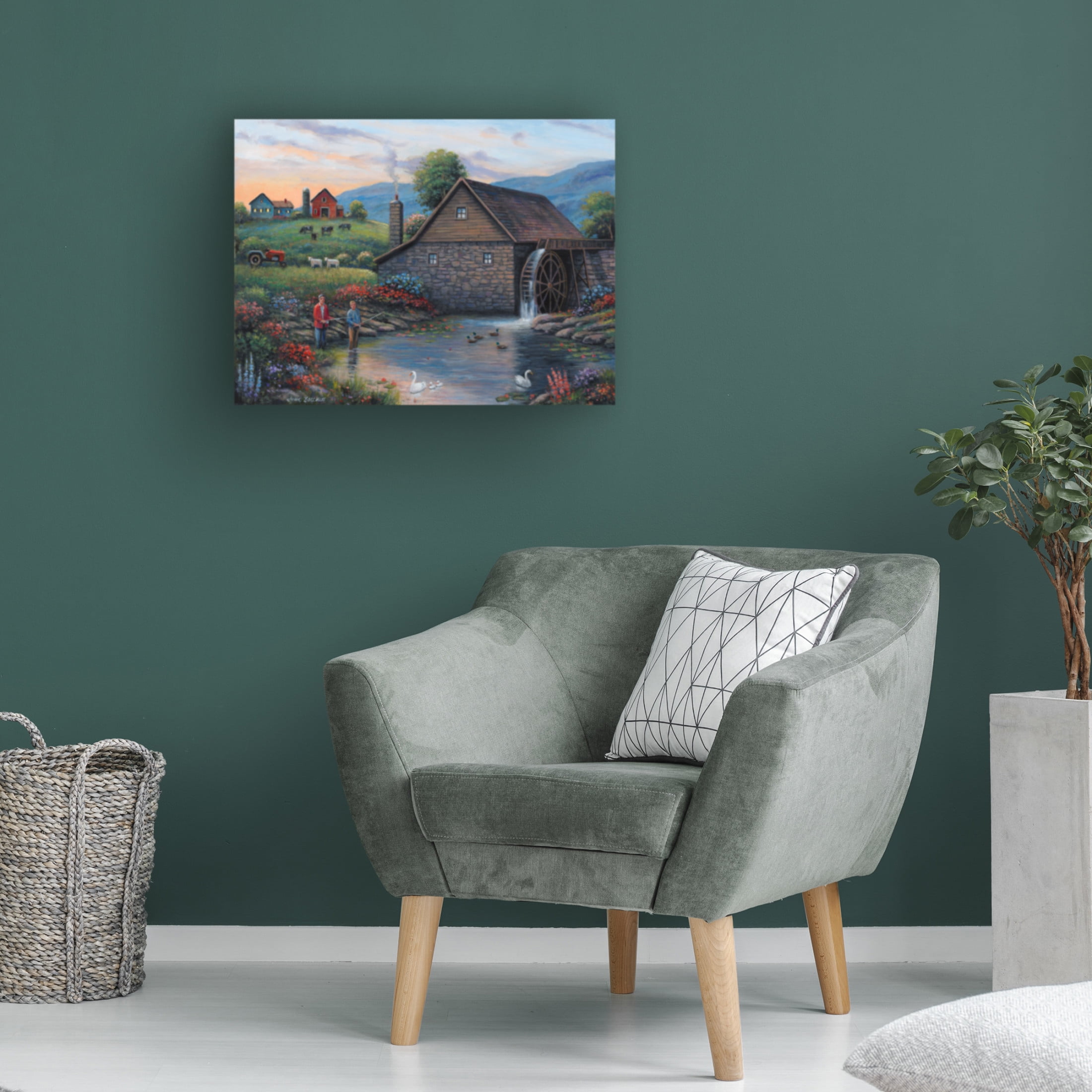 Canvas Wall Art - John Zaccheo 'Fishing by the Waterwheel' Wall Art for Living Room, Bedroom, or Office Décor by Trademark Fine Art - 32 x 24 Inches