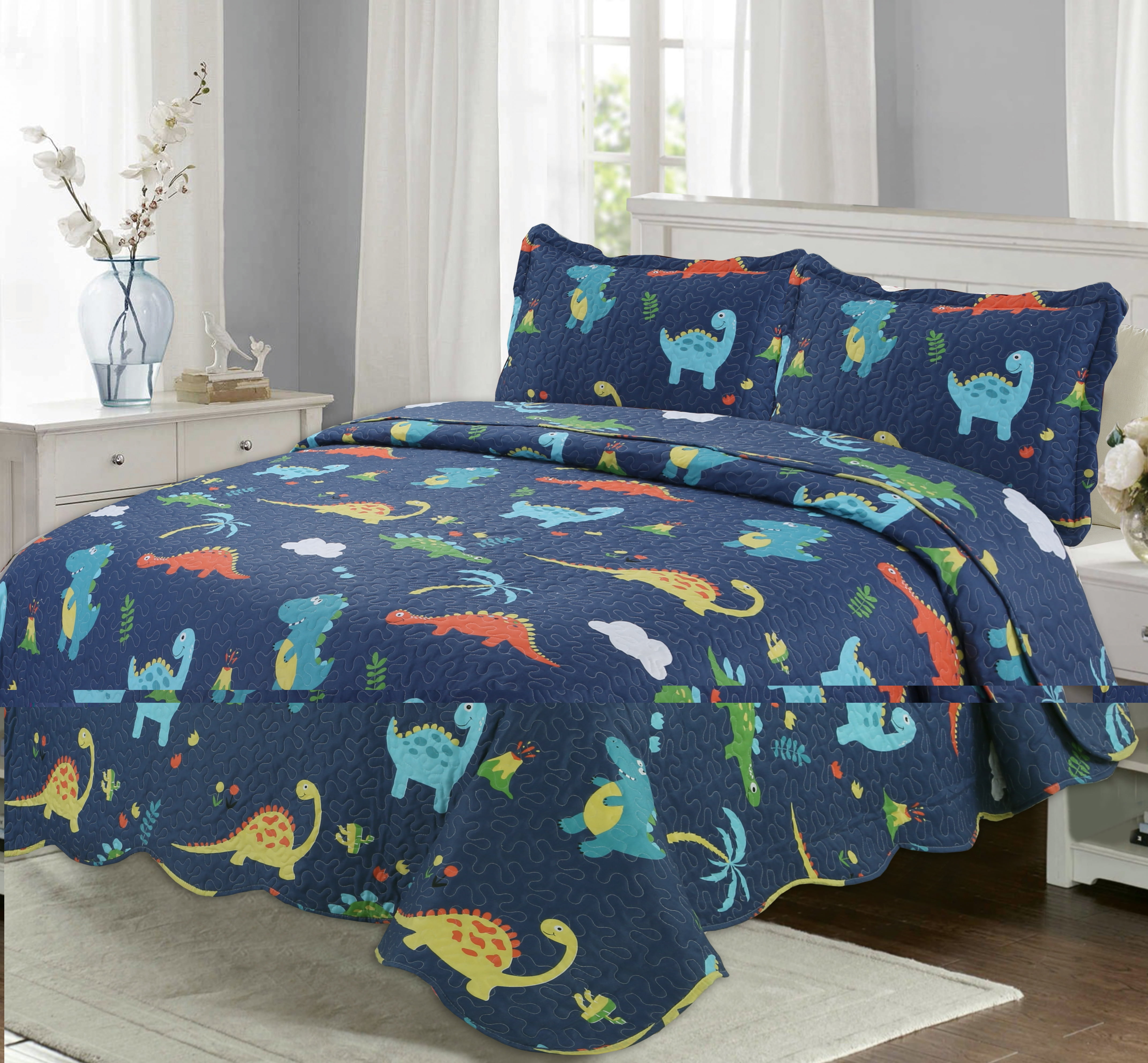 Marina Décoration Literie d'été ultra douce avec couvre-lit et taie d'oreiller matelassée, motif de dinosaures bleu marine