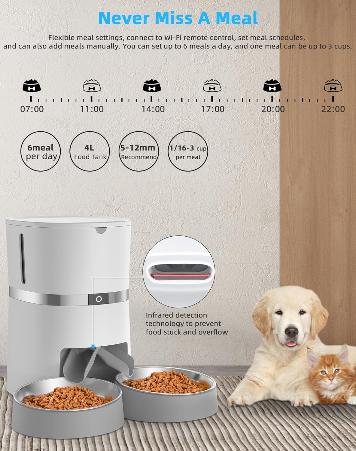 Automatic Cat Feeder, Smart Pet Food Dispenser with APP Control,WiFi Enabled Automatic Feeder for Dogs, Cats & Small Pets, Double Stainless Steel Bowls,6 Meals Portion Control and Voice Recording