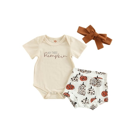

Sunisery 3Pcs Toddler Baby Girls Halloween Clothes Set Letter Short Sleeve Romper + Pumpkin Shorts + Headband Outfits
