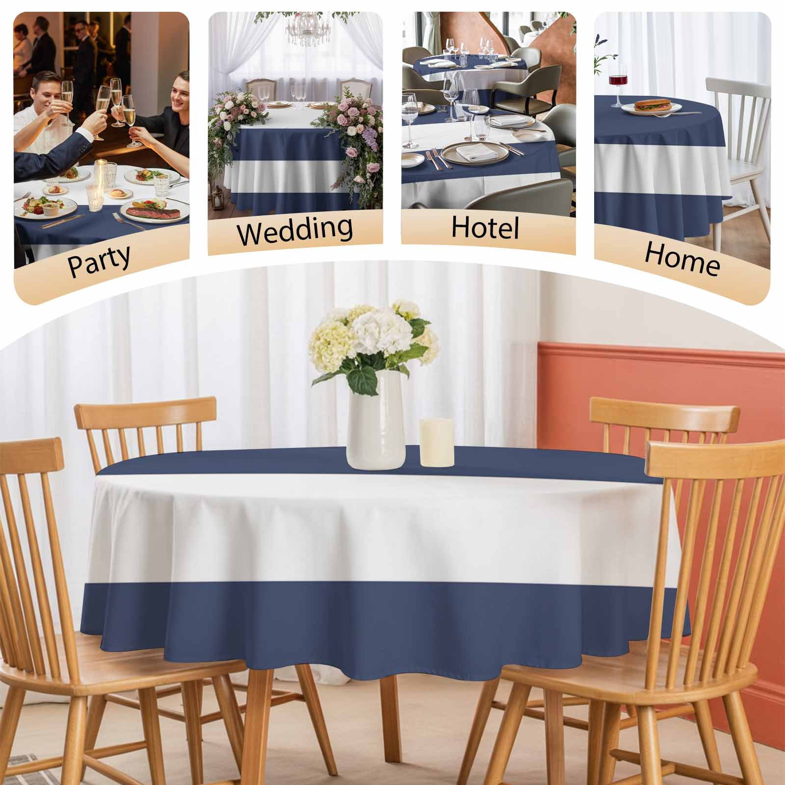 Round Tablecloth Coastal Nautical Striped Waterproof Oil Proof Polyester Table Cloth Cover Decor for Home Dining Outdoor,Patio,Parties, 60" Dia. Navy Blue White