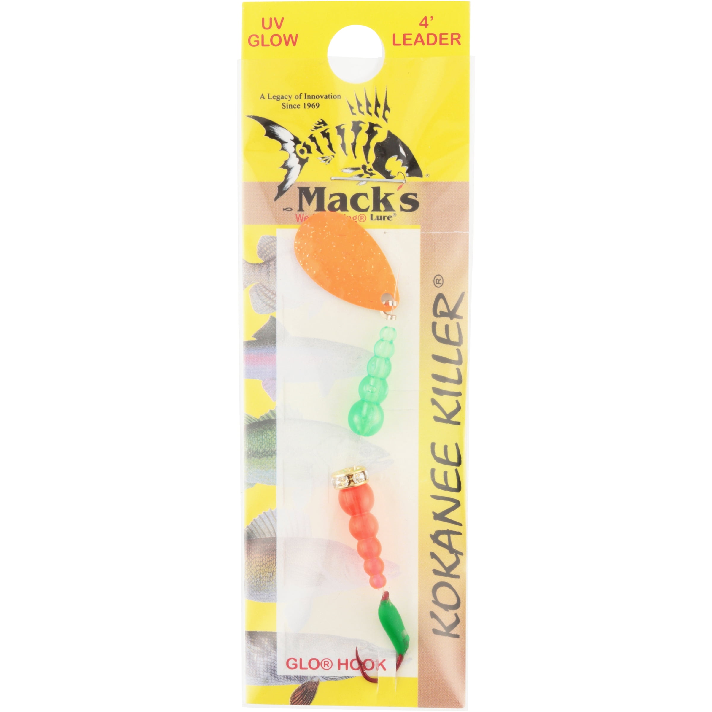 (2 pack) Mack's Lure Kokanee Killer Single Glo Hook Orng FlGrn/FlOrng Grasshopper Grn 6