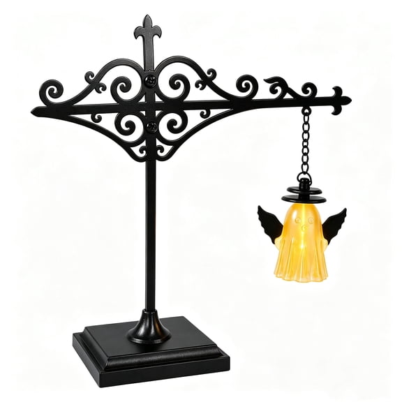 Clearance Halloween Tabletop Decor Lamp Battery Operated, Hanging Ghost & Pumpkin LED Night Light, Portable Black Iron Art Stand, Cordless Spooky Desk Ornament for Indoor Home Decor