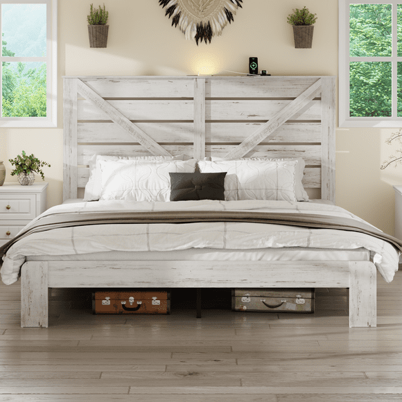 Lit de plateau entier en bois Noble House, rangement sous le lit et station de charge avec lumière sur le dossier blanc, base métallique, couleur blanche