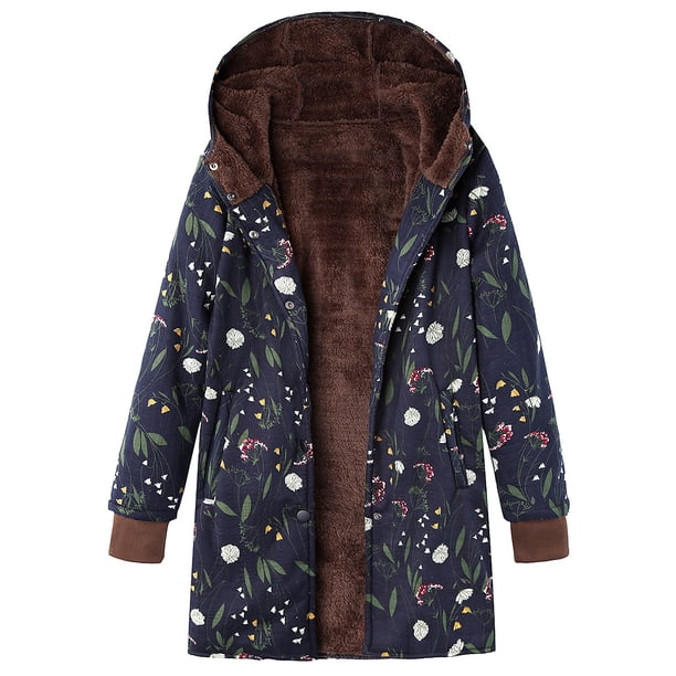 Chaqueta de algodón de felpa gruesa con capucha y manga larga para mujer con estampado floral retro, sudadera con capucha de talla grande