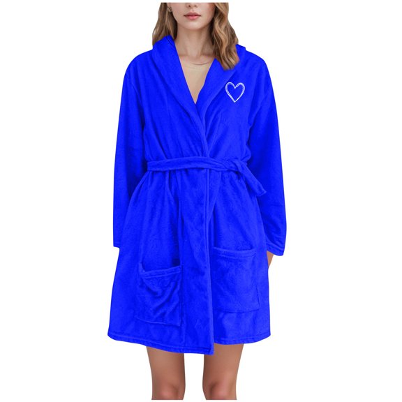 successthop Plus Size Flannel Robe Women Fuzzy Cozy Pajamas Belted Long Loungewear Hooded Warm Heart Bathrobe Blue XL