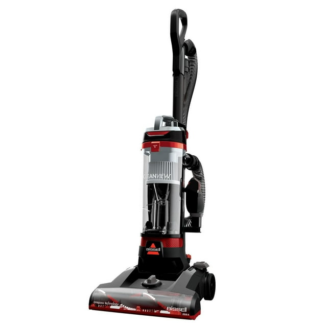 BISSELL CleanView upright vacuum cleaner with transparent dirt tank, black and red design, and hose attachment