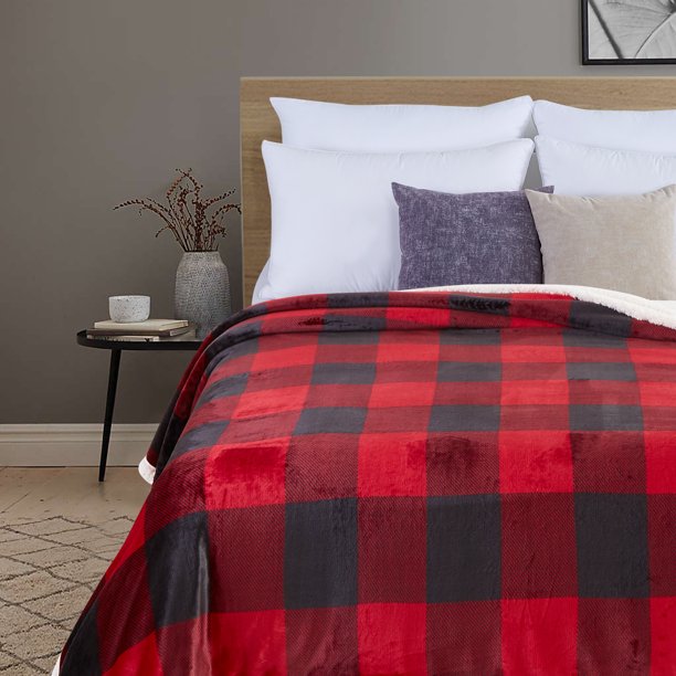 Better Homes & Gardens Full/Queen Sherpa Blanket, Red Buffalo Plaid