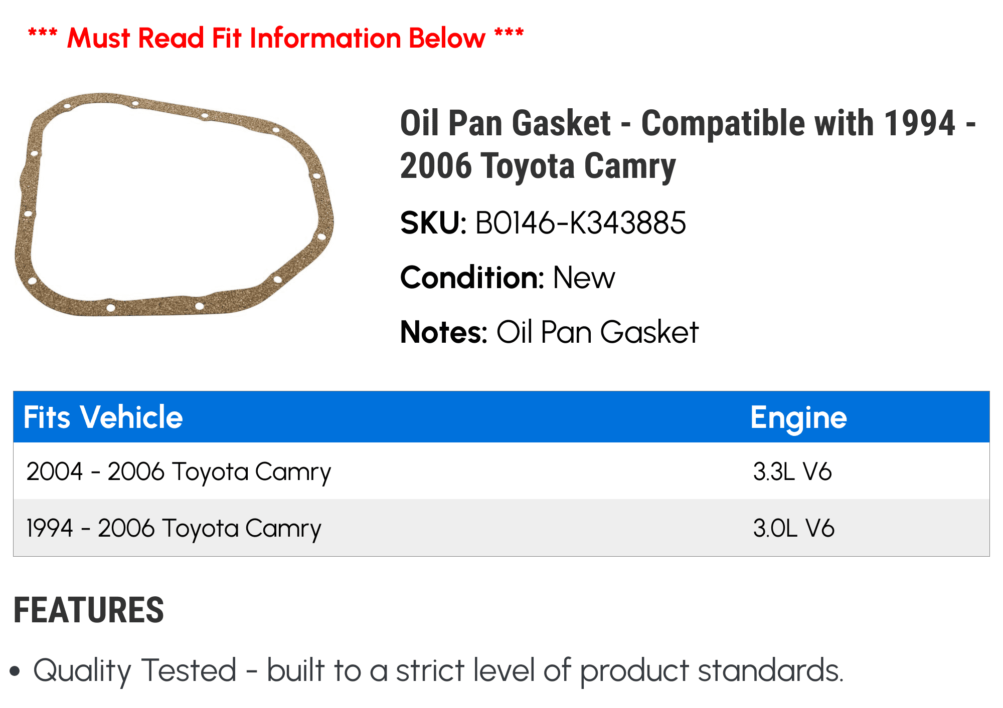 Oil Pan Gasket - Compatible with 1994 - 2006 Toyota Camry 1995 1996 1997 1998 1999 2000 2001 2002 2003 2004 2005
