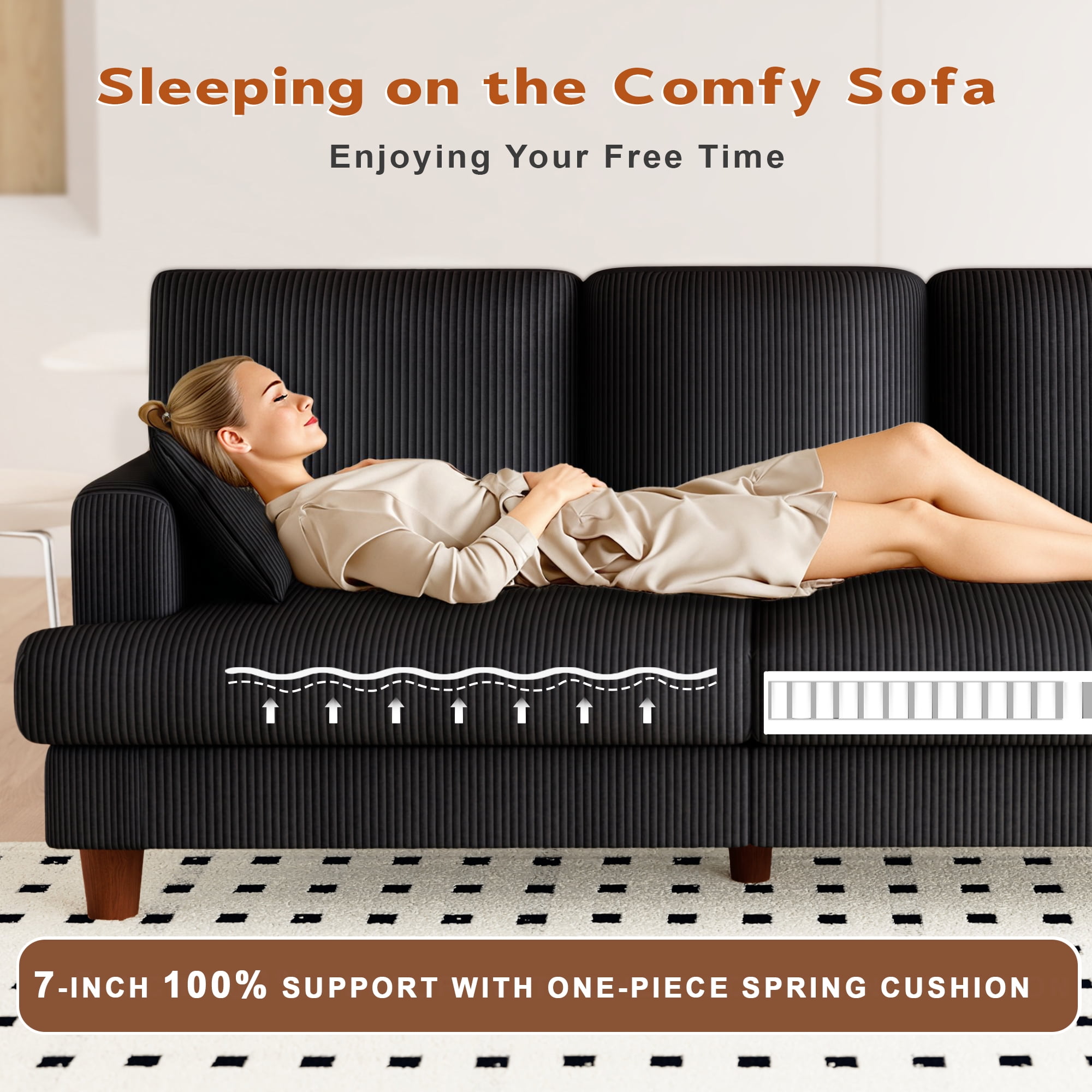 AAQZ 87" Corduroy Sofa Couch for Living Room, 3 Seater Deep Seat Comfy Couch in a Box, 2 Cushions, 2 Pillows Tool-Free Setup,Black