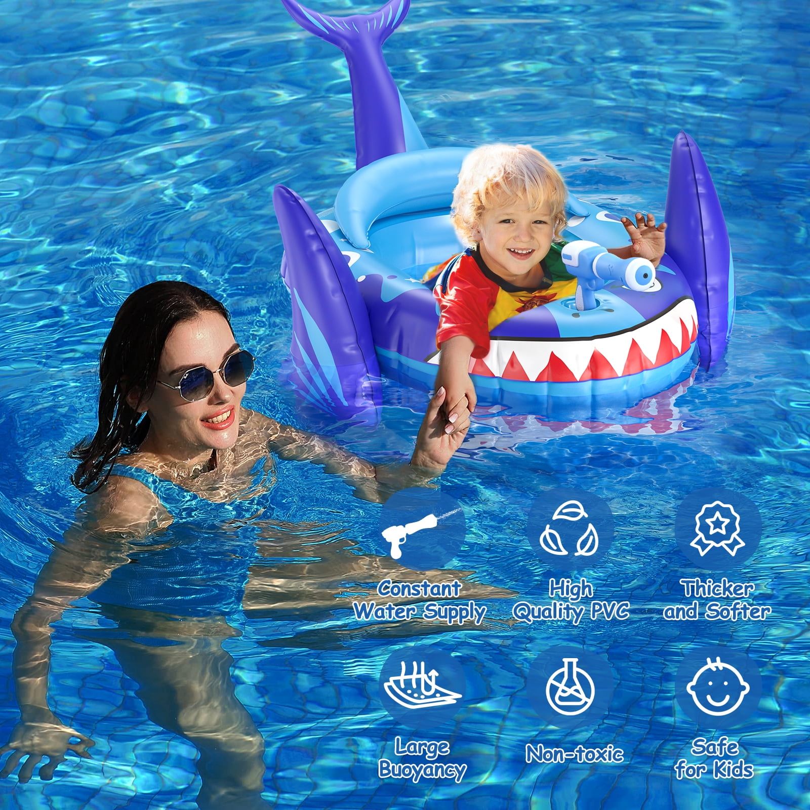 Kids Pool Floats with Water Gun, Shark Toddler Inflatable Pool Toys for Kids Age 3-8 Years Old, Summer Outdoor Water, Beach, Swimming Pool Toys Gift