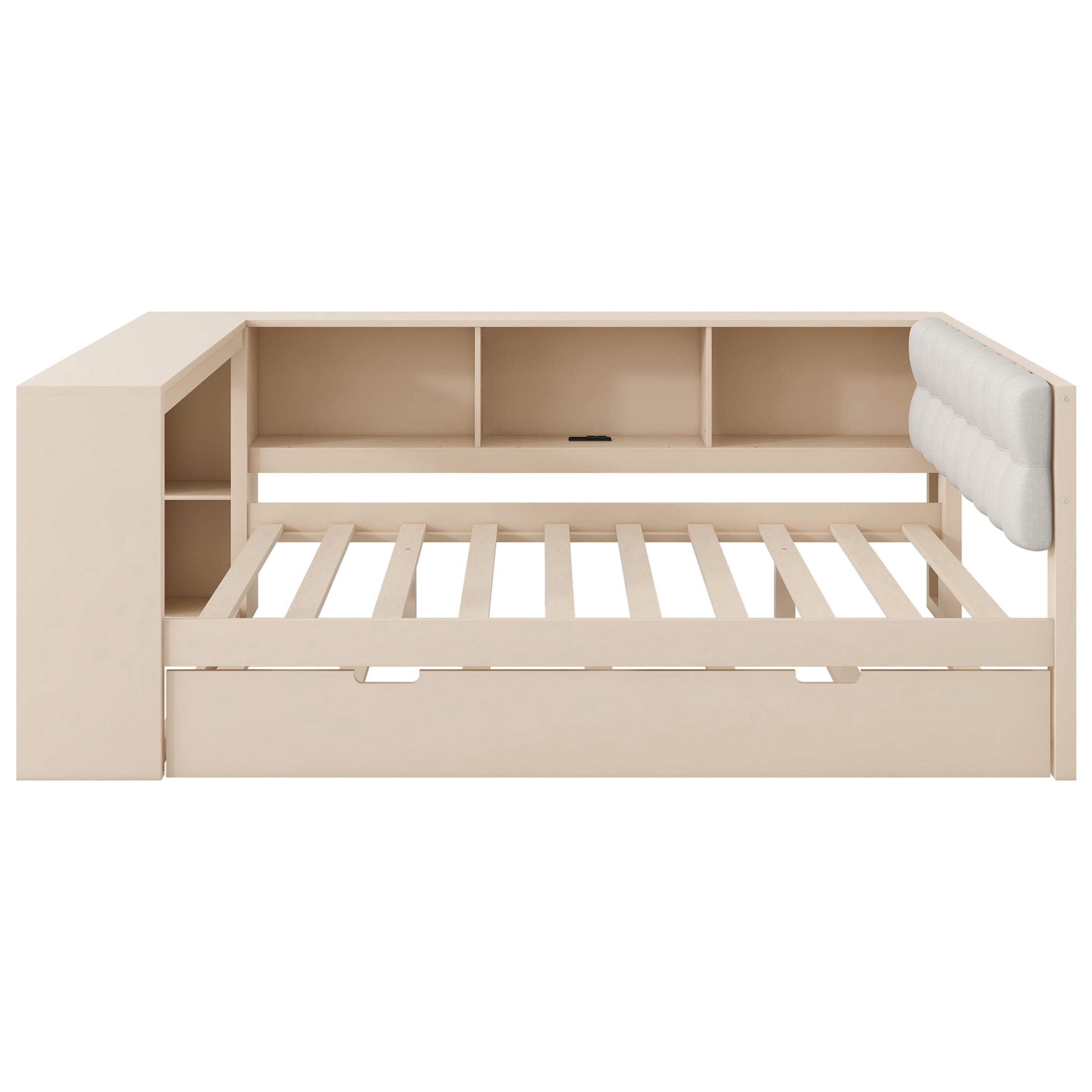 Noble House Full Wooden Platform Bed, Upholstered Headboard, Storage Shelves, Charging Station and Trundle, Cream