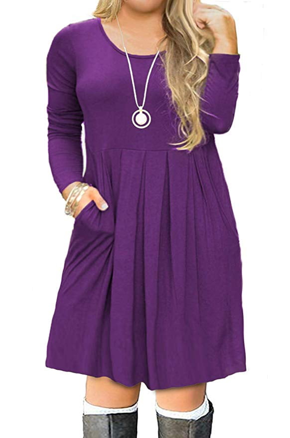 FreshLook Women's Plus Size Casual Long Sleeve Pleated T Shirt Dress