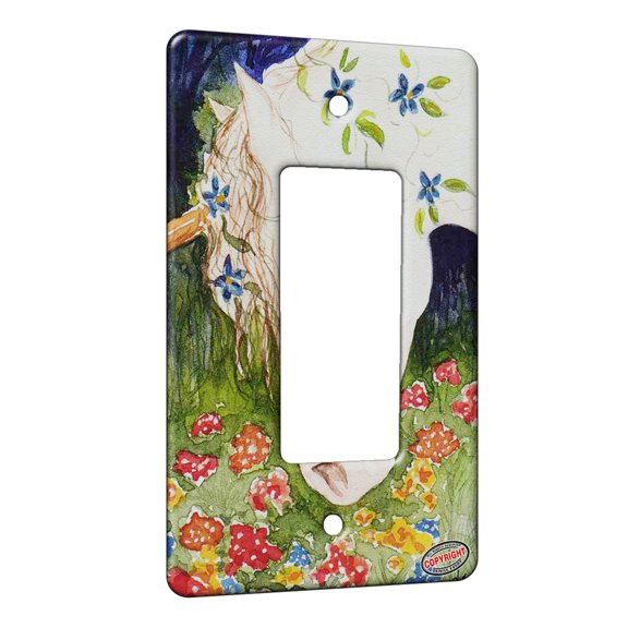 KuzmarK™ 1 Gang Rocker Wall Plate - Blue Eyed Unicorn with Flowers Fantasy Horse Art by Denise Every