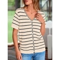 thumbnail image 3 of FreshPretty Women's Short Sleeve Sweater Spring Summer Crochet Knit Tops V Neck Striped Button Down Dressy Casual Blouses, 3 of 9
