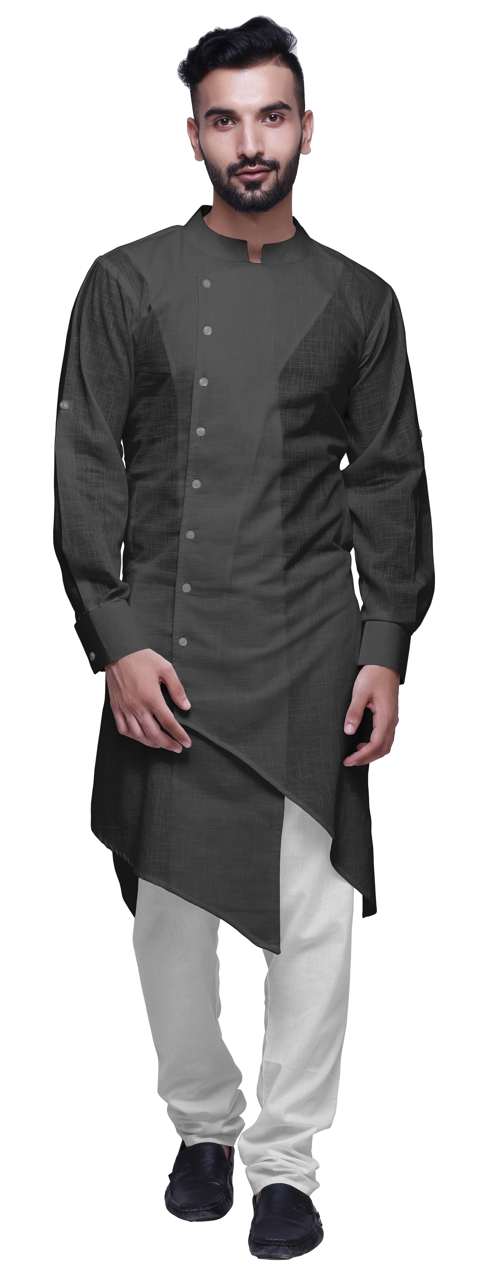Atasi Button Down Long Kurta For Men Solid Chinese Collar Casual Ethnic