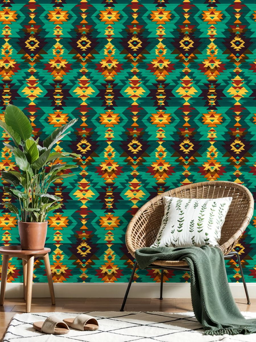 Aztec Peel and Stick Wallpaper Geometric Tribal Vibrant Colors Bold Shapes Wall Mural 17.7in x 9.8ft Self Adhesive Removable Wall Paper Renter Friendly Wallpaper for Nursery Bedroom Cabinets